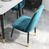 Teal leather chair close-up, dining chairs set of 6, kitchen chairs, tapered legs.
